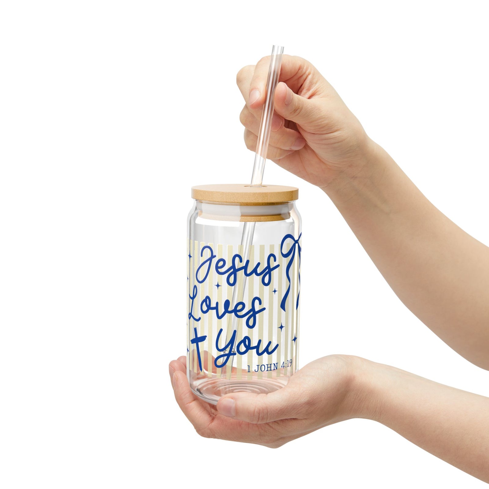 Jesus Loves You Sipper Glass Sipper Glass 16oz Reusable Drink Jar with Lid & Straw
