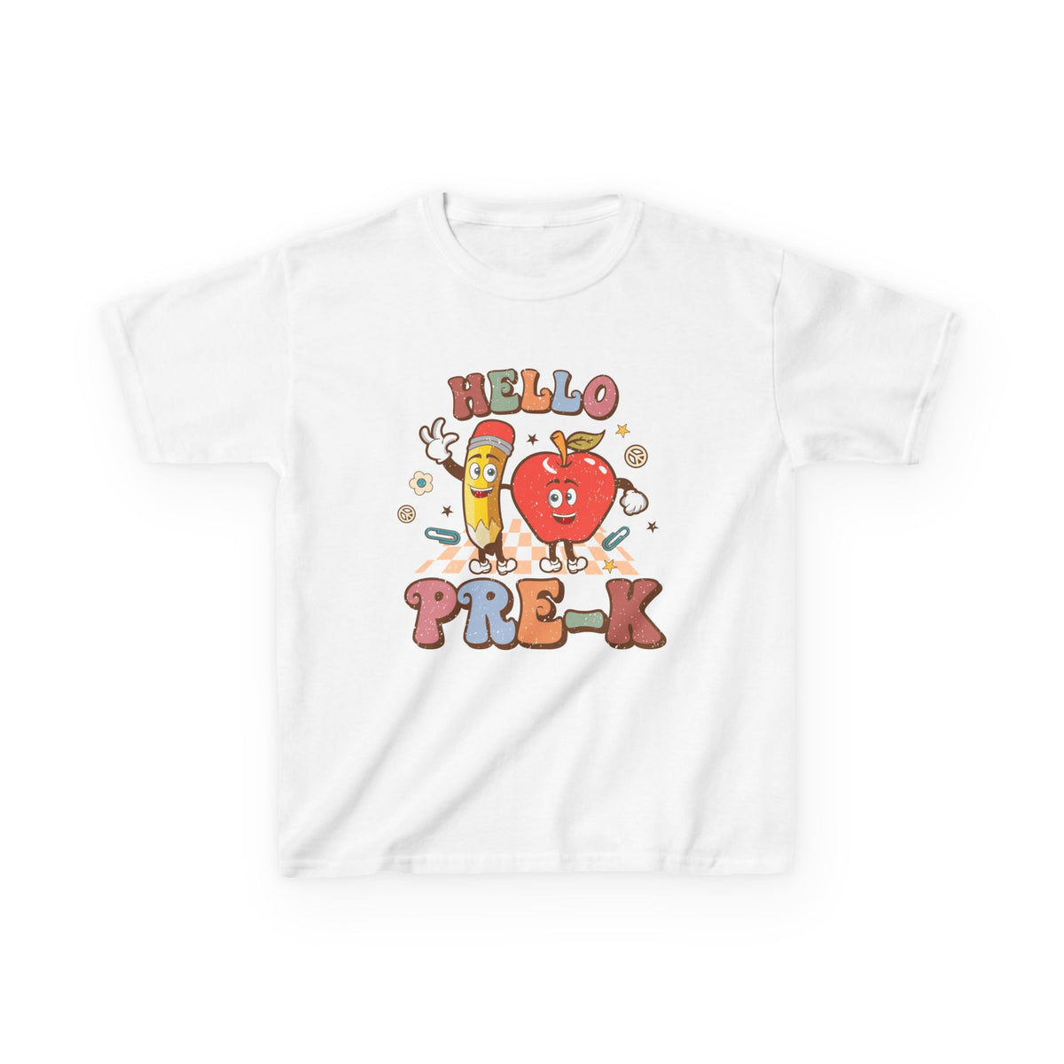 Hello Pre-K Grade Cute Apple & Pencil Graphic Tee Back-to-School Preschool Kids T-Shirt