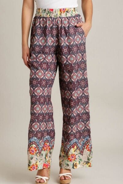 Umgee Full Size Mixed Print Elastic Waistband Pants Plus Size - Sydney So Sweet