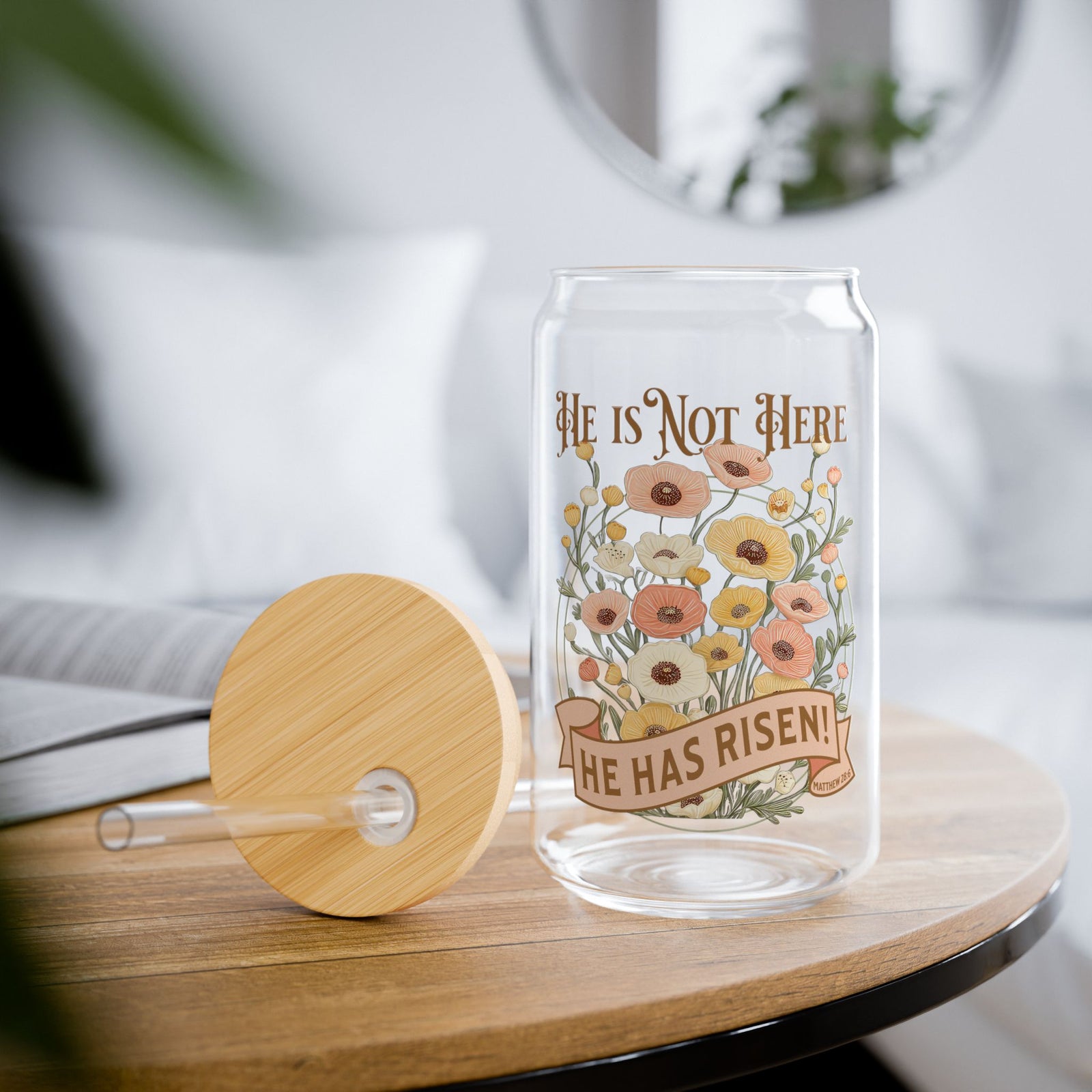 He is Not Here He is Risen Christian Sipper Glass 16oz Reusable Drink Jar with Lid & Straw