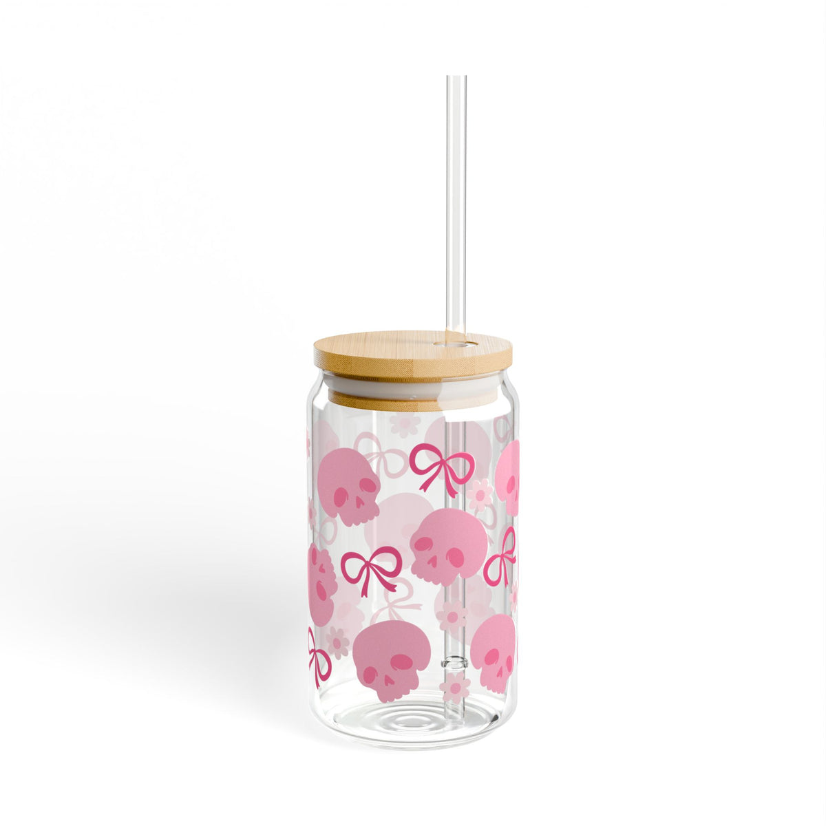 Girly Pink Skull Halloween Sipper Glass 16oz Reusable Drink Jar with Lid & Straw