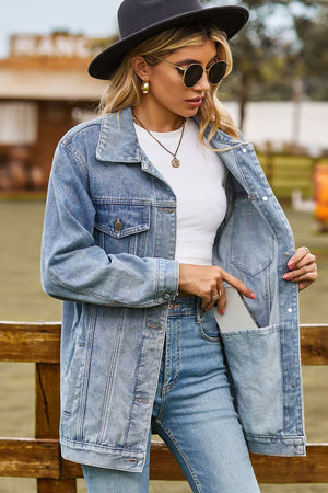 Buttoned Collared Neck Denim Jacket with Pockets - Sydney So Sweet