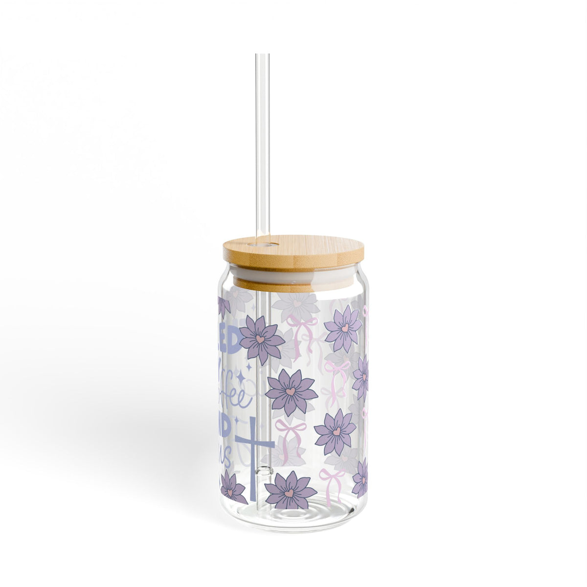 Fueled by Iced Coffee and Jesus Tumbler Sipper Glass 16oz — Reusable Drink Jar with Lid & Straw