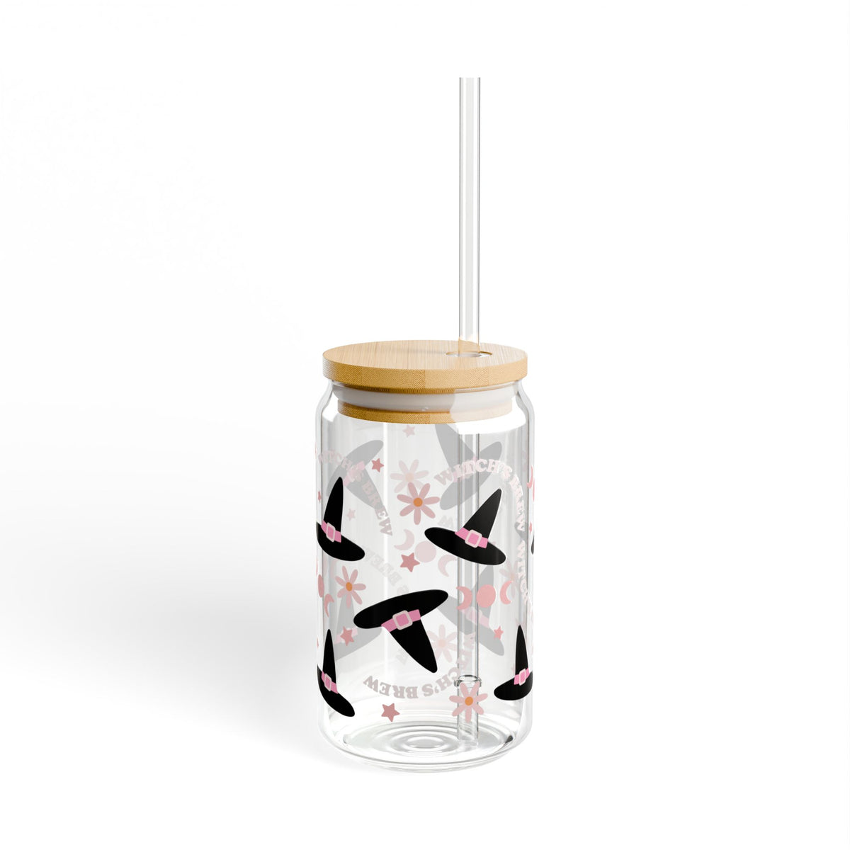Witch's Brew & Hats Halloween Sipper Glass 16oz Reusable Drink Jar with Lid & Straw