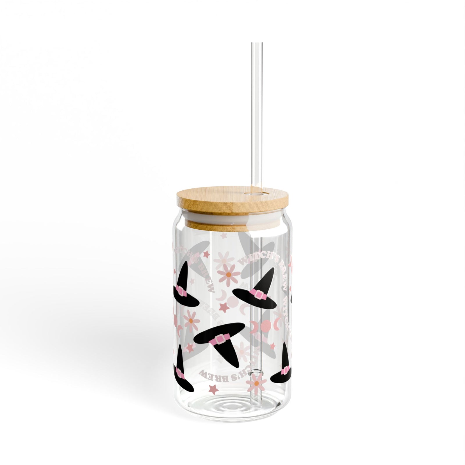 Witch's Brew & Hats Halloween Sipper Glass 16oz Reusable Drink Jar with Lid & Straw