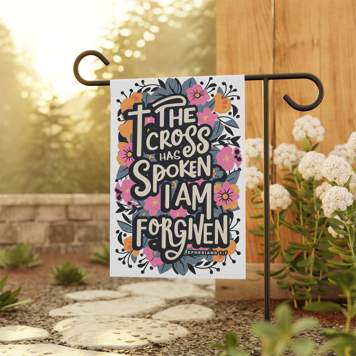 The Cross Has Spoken I Am Forgiven Garden Flag Floral Christian Banner