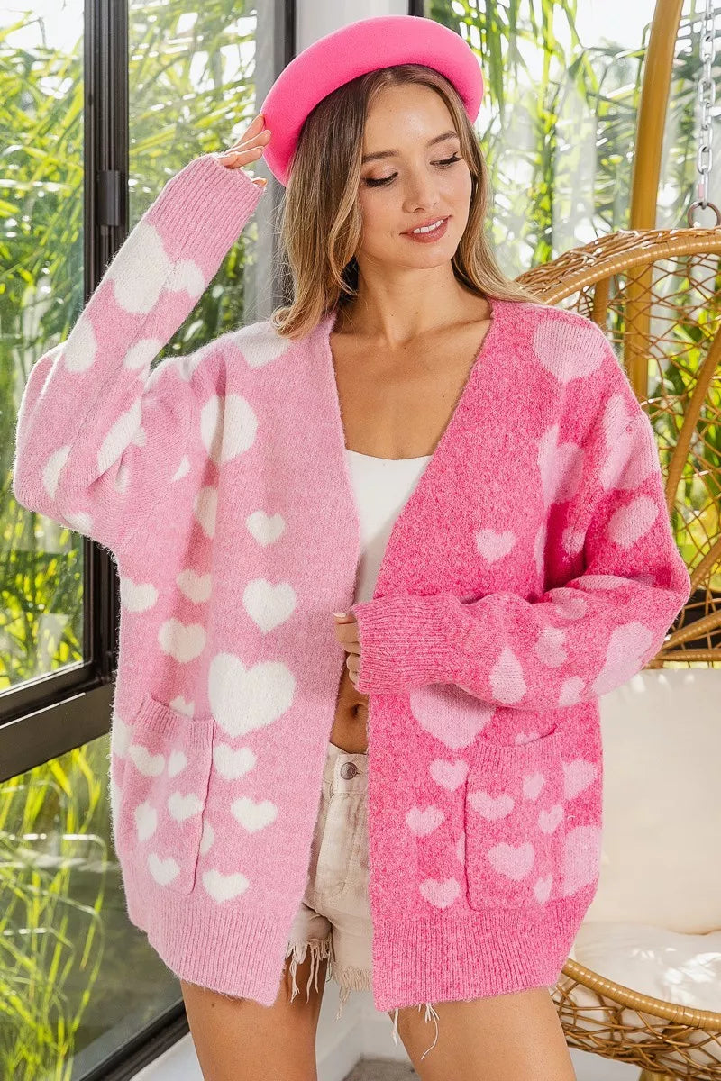 BiBi Heart Color Block V-Beck Knit Cardigan with Pockets - Sydney So Sweet