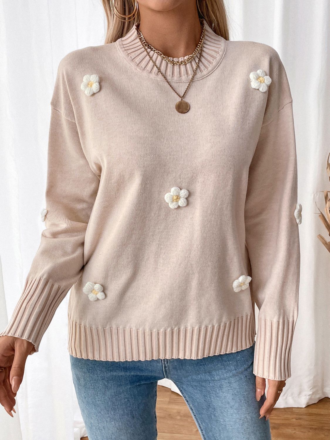 Perfee Flower Round Neck Long Sleeve Sweater - Sydney So Sweet