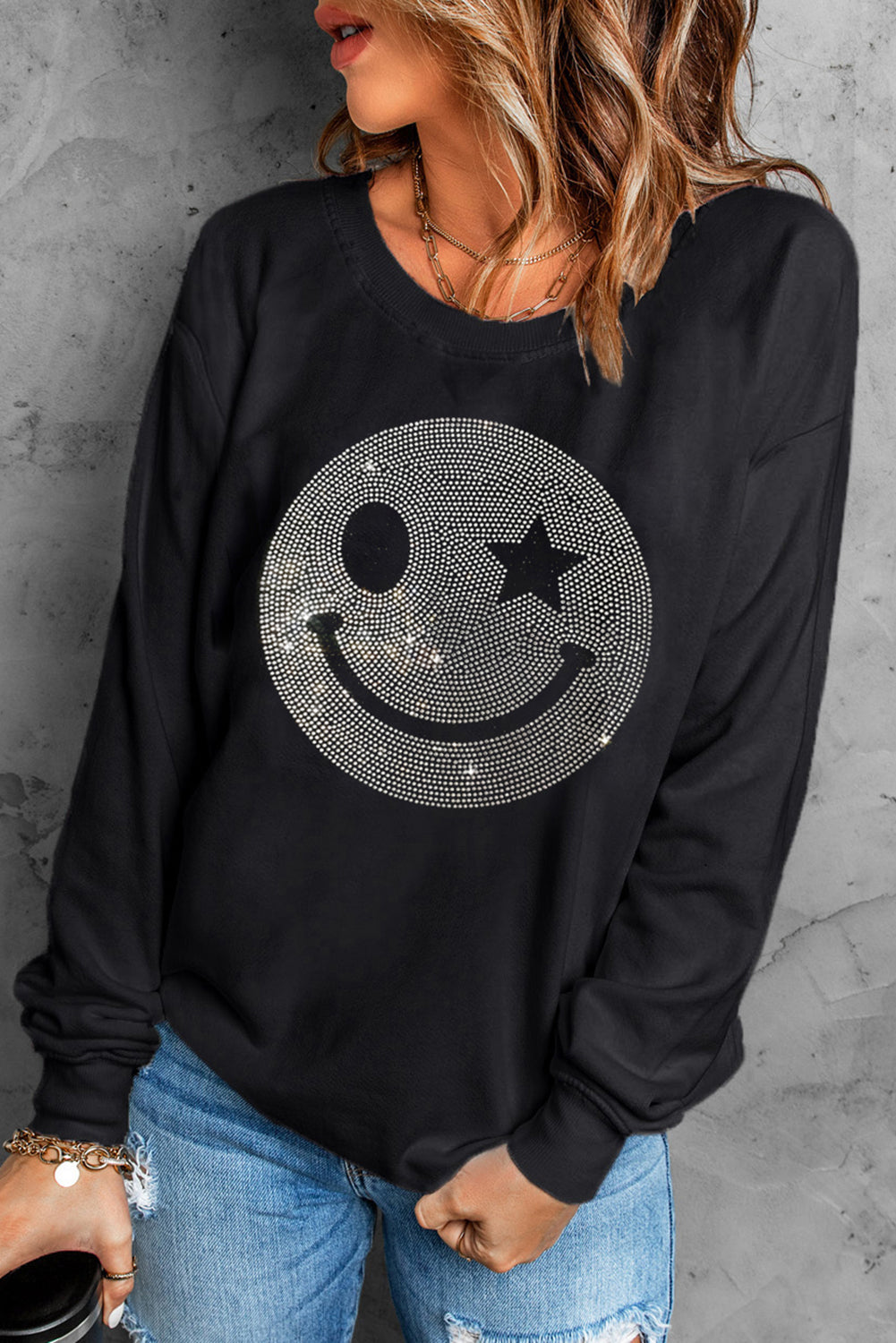 Rhinestone Smile Long Sleeve Sweatshirt - Sydney So Sweet