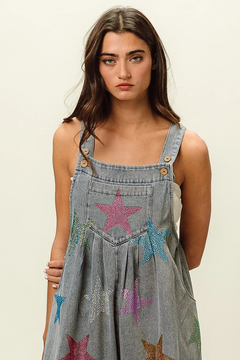 BiBi Star Rhinestone Washed Wide Leg Shortalls - Sydney So Sweet