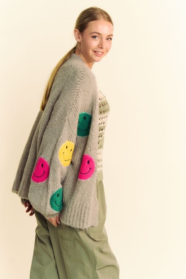 Davi & Dani Fuzzy Smile Open Front Long Sleeve Cardigan - Sydney So Sweet