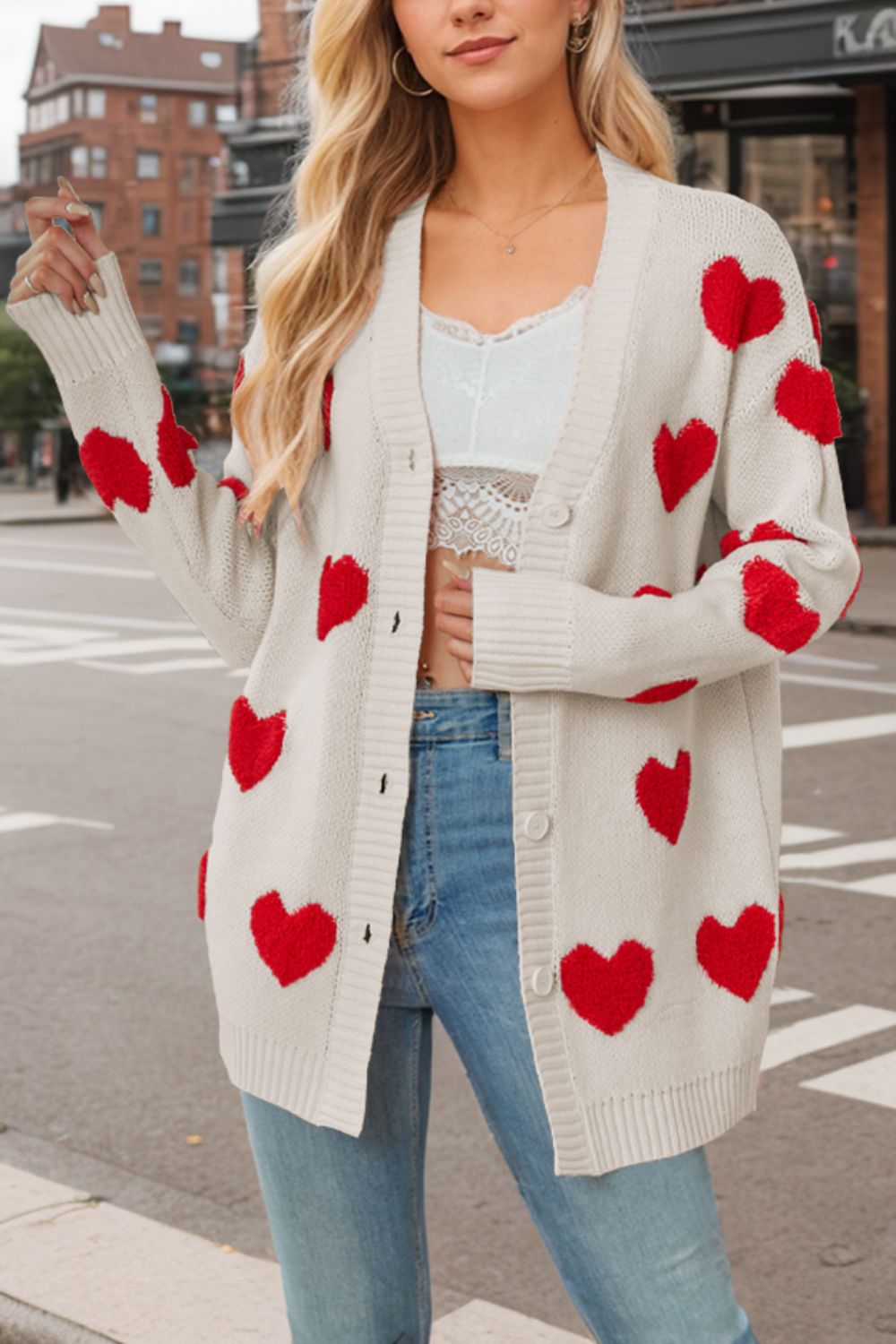 Heart Button Down Long Sleeve Cardigan - Sydney So Sweet