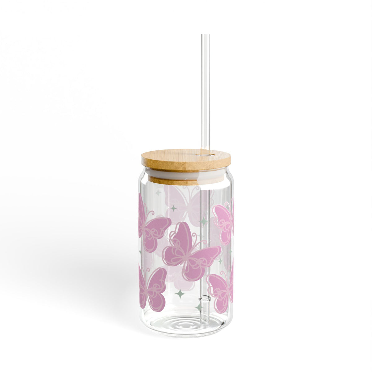 Flutter Pink Butterfly Tumbler Sipper Glass 16oz — Reusable Drink Jar with Lid & Straw