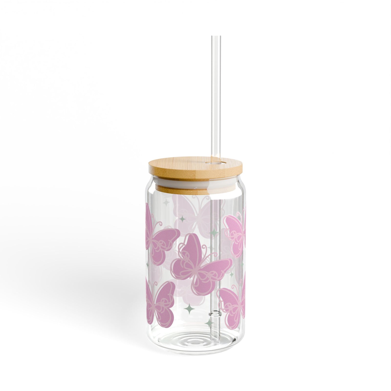 Flutter Pink Butterfly Tumbler Sipper Glass 16oz — Reusable Drink Jar with Lid & Straw