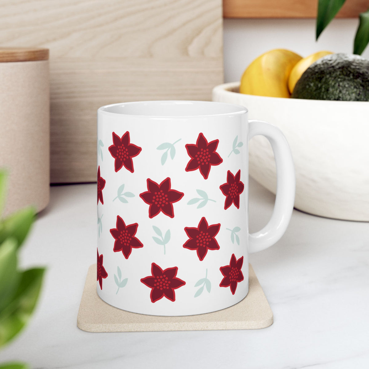 Poinsettia Christmas Flowers Ceramic Mug Coffee Cup (11oz & 15oz)