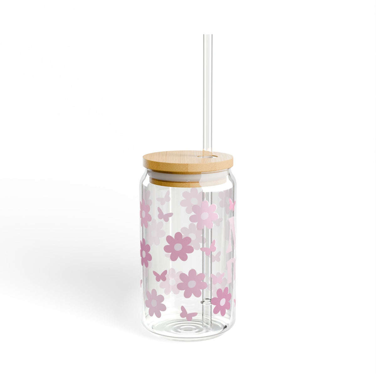 Mama Flower & Butterfly Tumbler Sipper Glass 16oz — Reusable Drink Jar with Lid & Straw