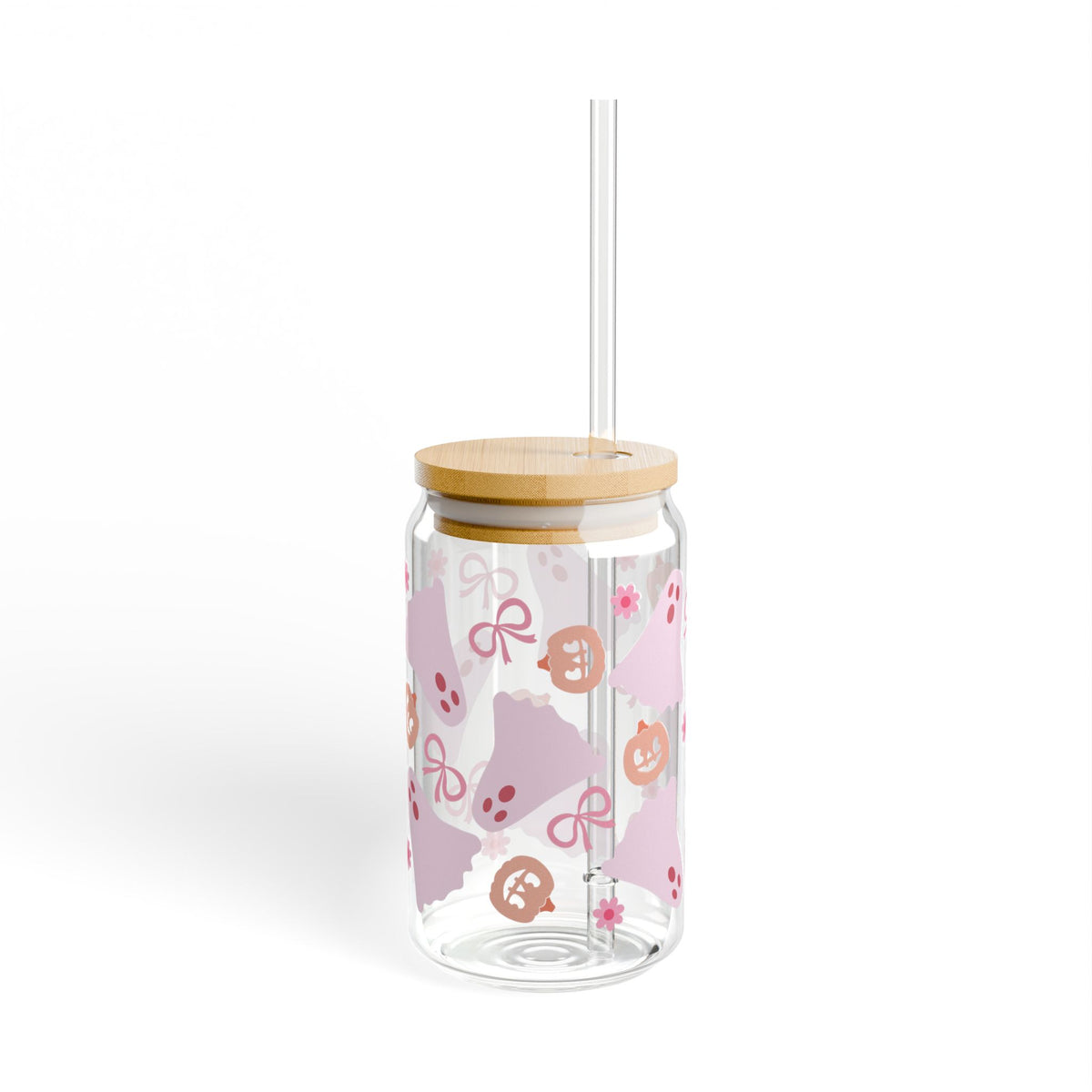 Girly Ghost Halloween Sipper Glass 16oz Reusable Drink Jar with Lid & Straw