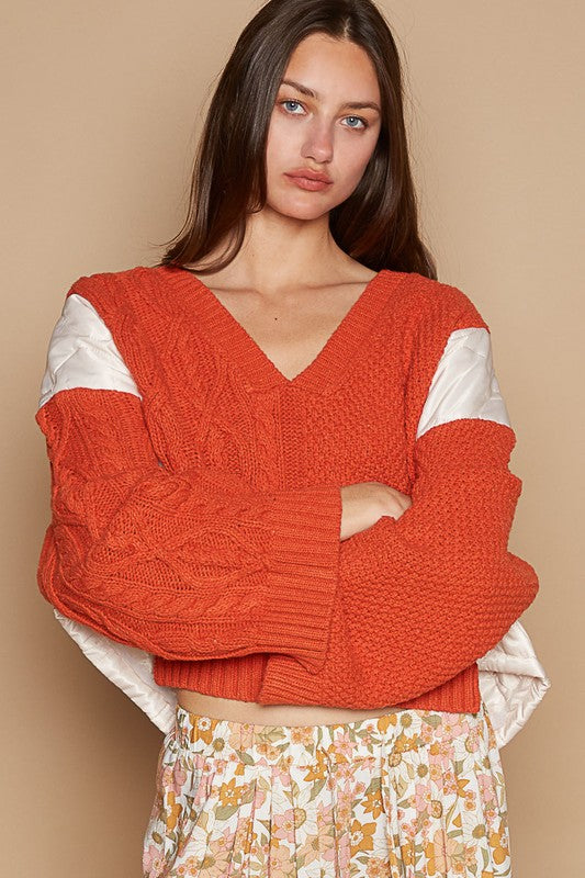 POL Cable Knit Quilting Patch V-Neck Contrast Sweater - Sydney So Sweet