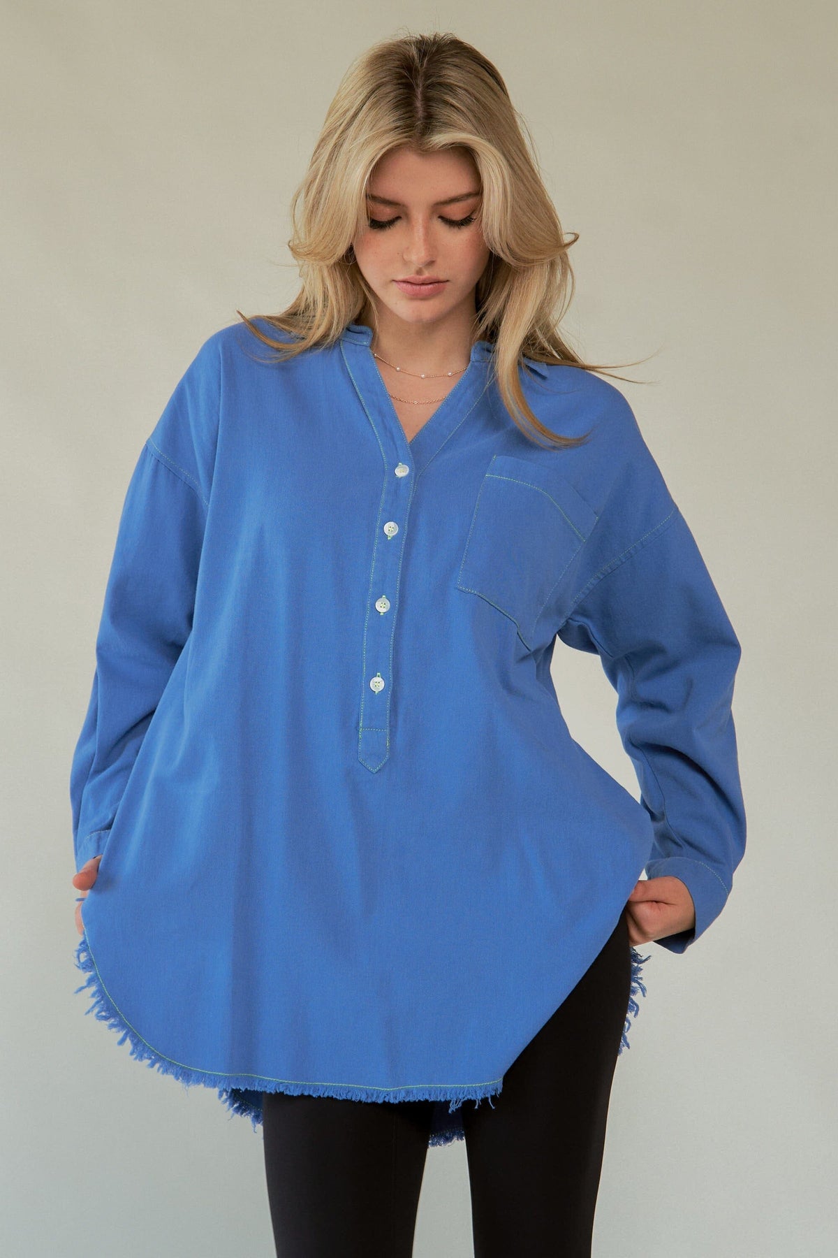 Davi & Dani Letter Back Raw Hem Half Button Shirt - Sydney So Sweet