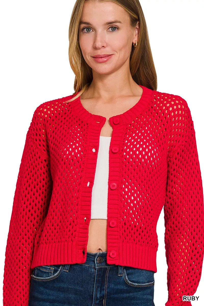 Zenana Button Down Lightweight Crochet Cardigan Sweater - Sydney So Sweet