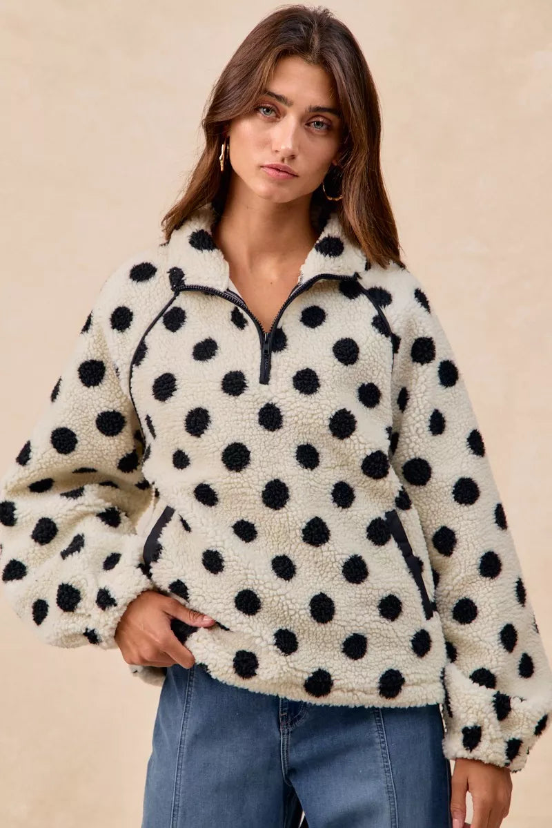 BiBi Polka Dot Sherpa Half Zip Up Top with Side Pocket - Sydney So Sweet