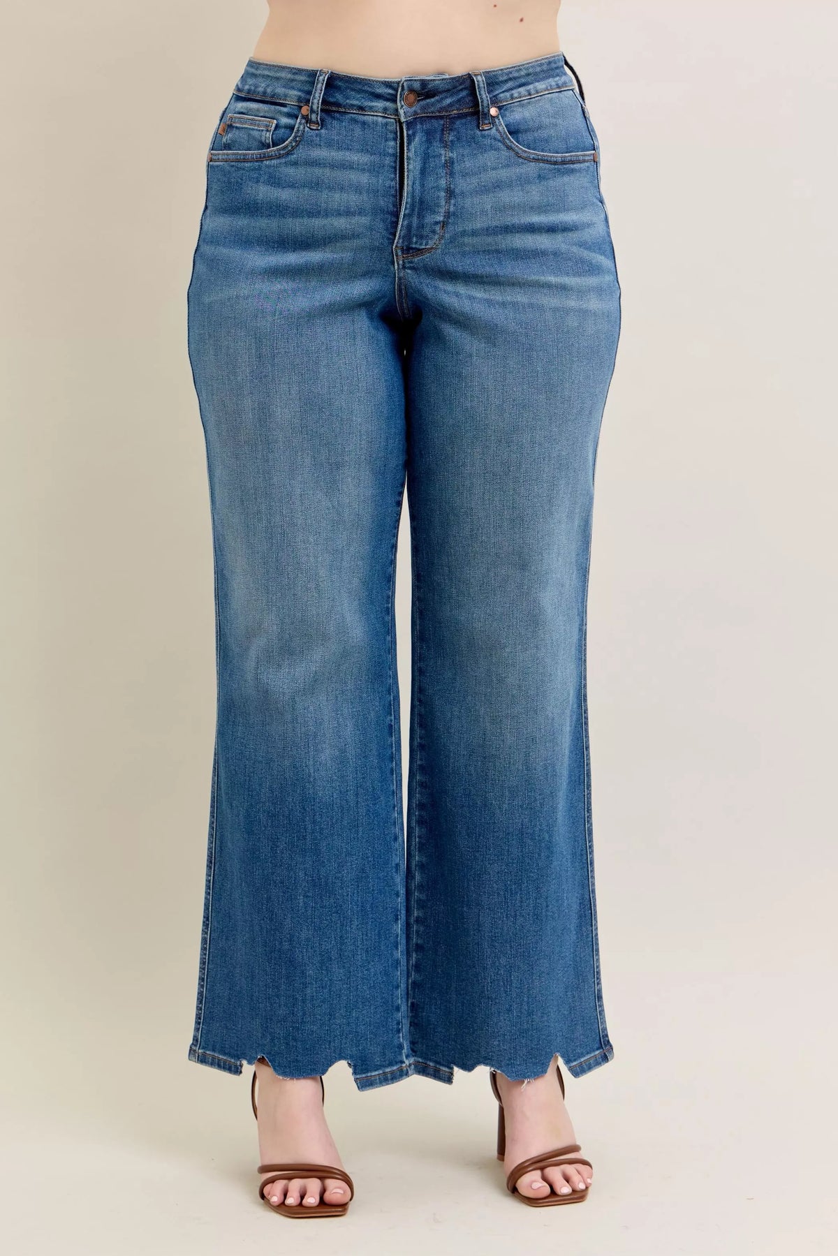 Judy Blue Full Size High Waist Tummy Control Chew Hem Destroy Wide Jeans Plus Size - Sydney So Sweet