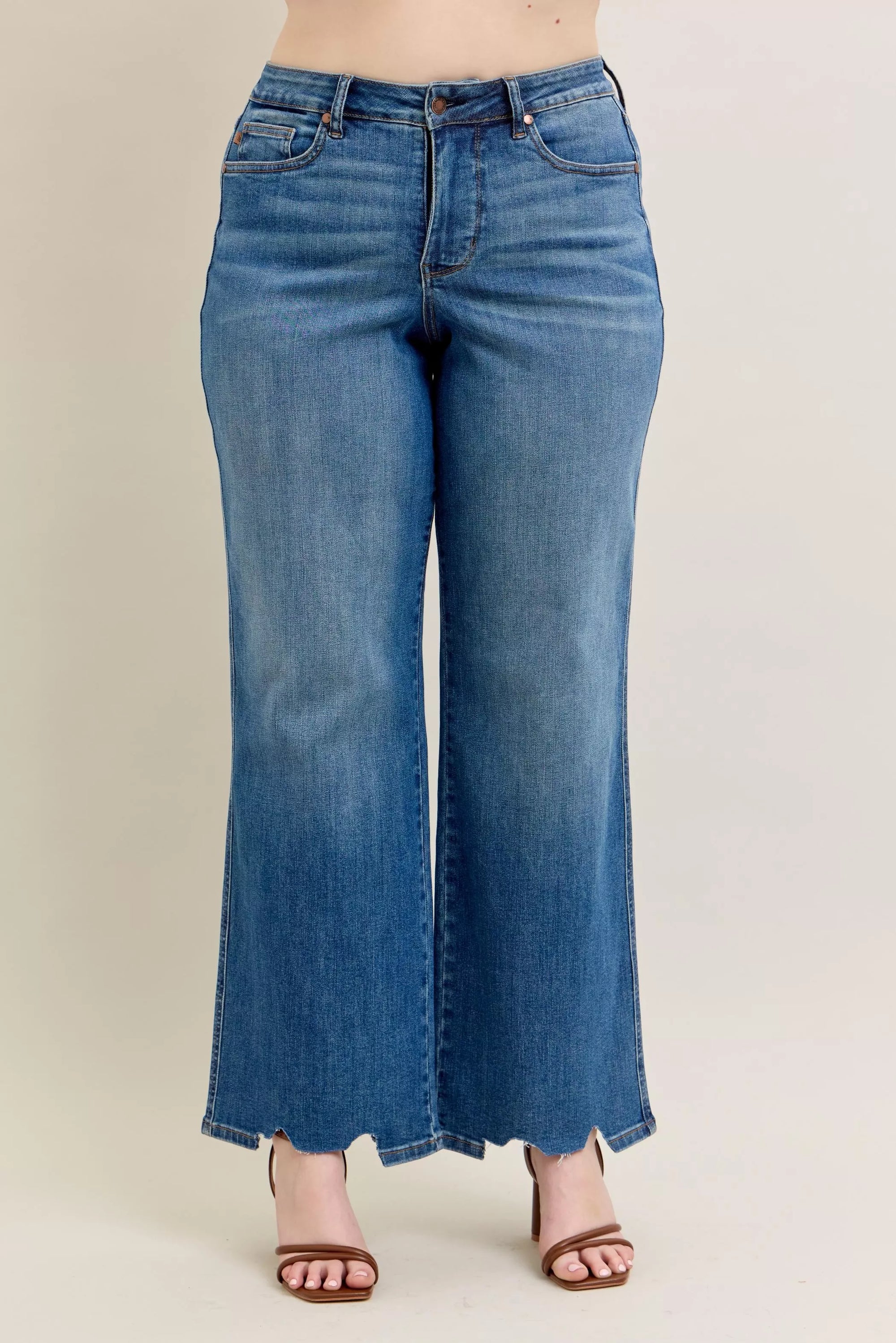 Judy Blue Full Size High Waist Tummy Control Chew Hem Destroy Wide Jeans Plus Size - Sydney So Sweet