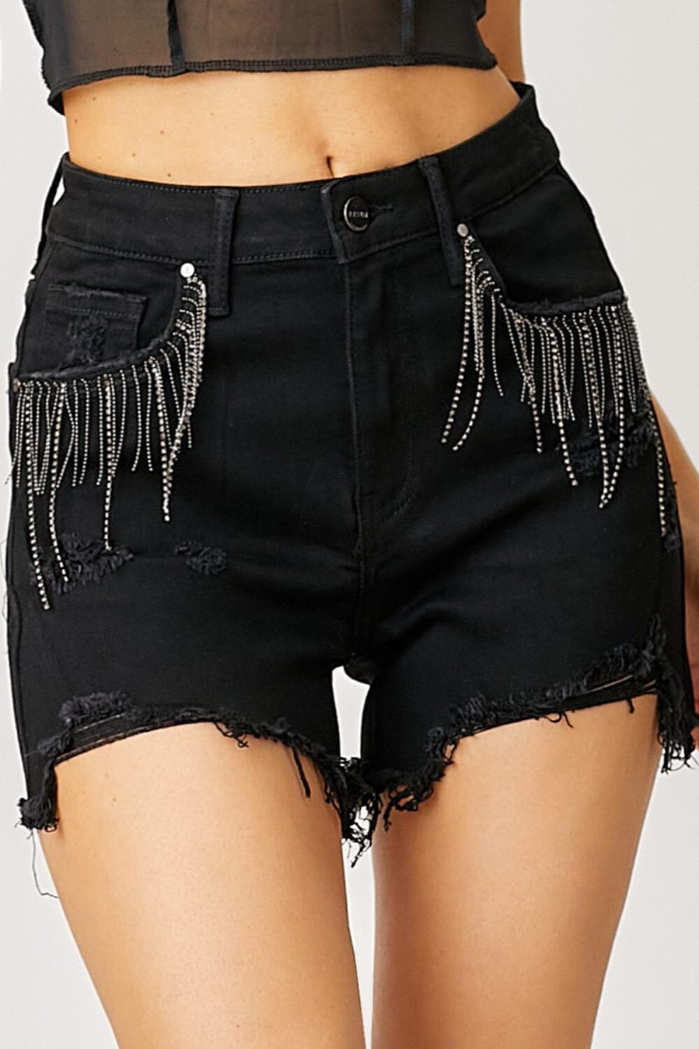 RISEN Frayed Hem Denim Shorts with Fringe Detail Pockets - Sydney So Sweet