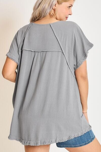 Umgee Full Size Seam Detail Linen Ruffle Fringe Edge Top Plus Size - Sydney So Sweet
