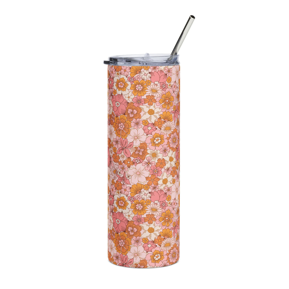 Retro Pink Orange Fall Floral 20oz Stainless Steel Tumbler Insulated Travel Cup