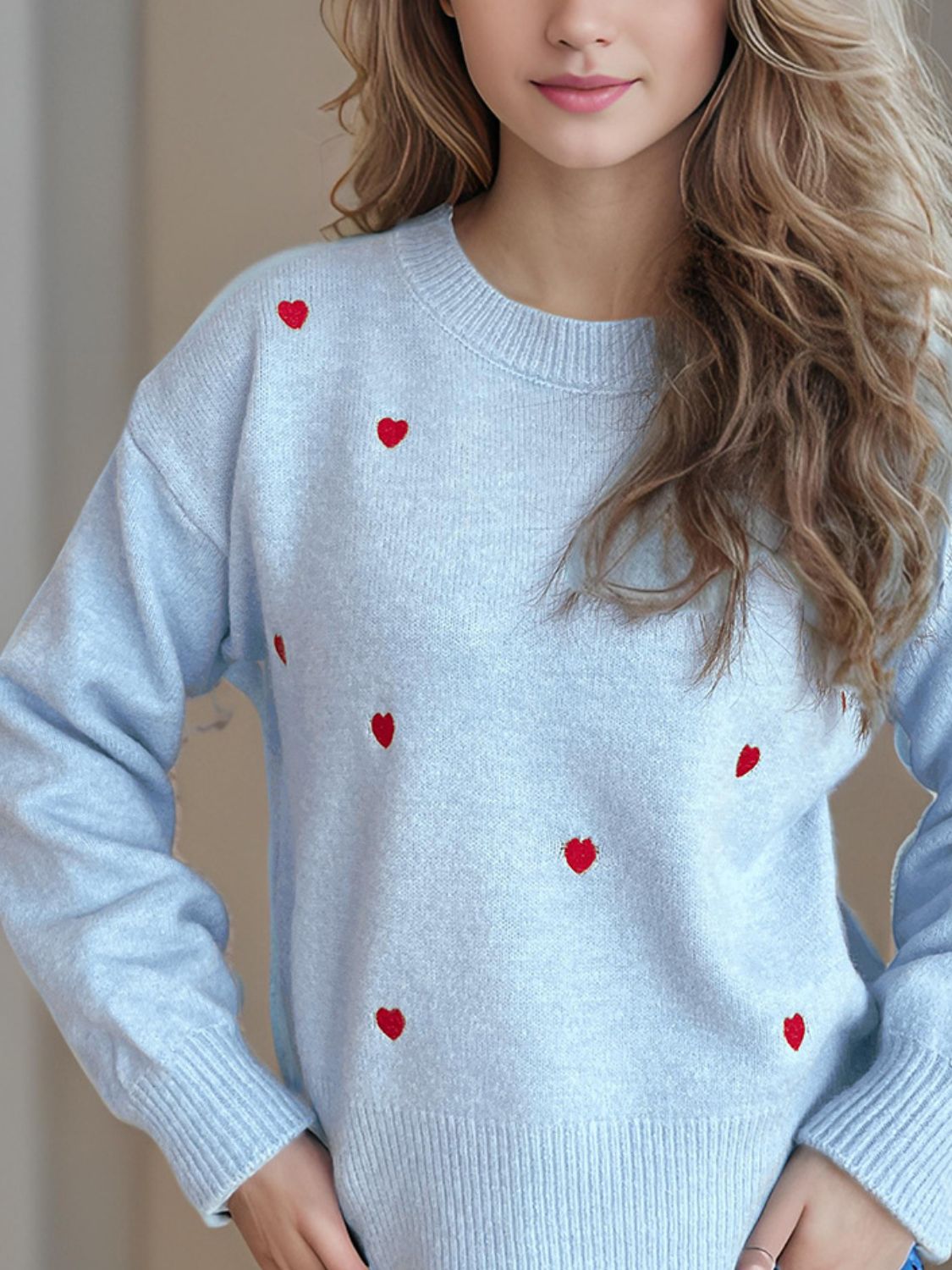 Heart Round Neck Long Sleeve Sweater - Sydney So Sweet