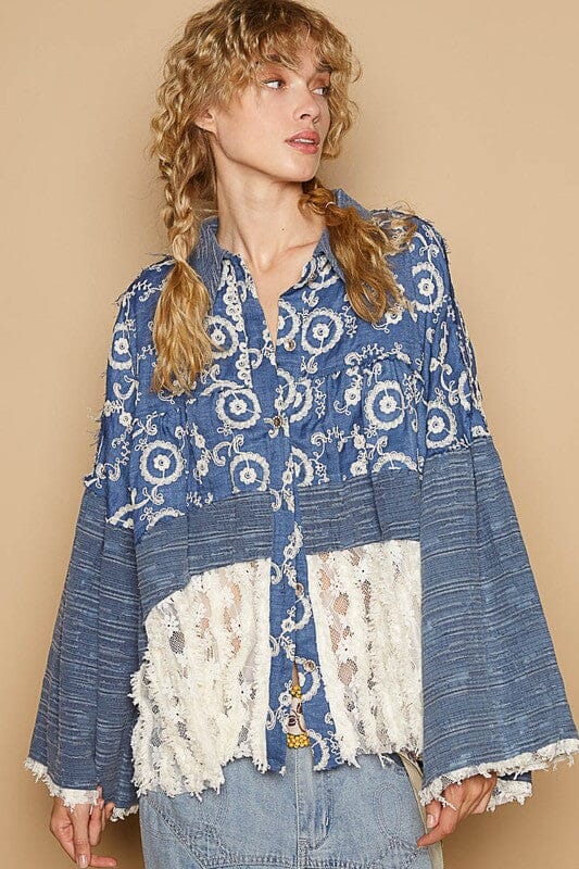 POL Lace Hem Embroidered Long Sleeve Shirt - Sydney So Sweet