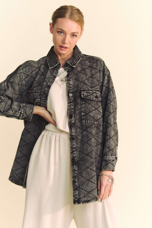 Davi & Dani Curved Hem Diamond Quilted Button Up Denim Shacket - Sydney So Sweet