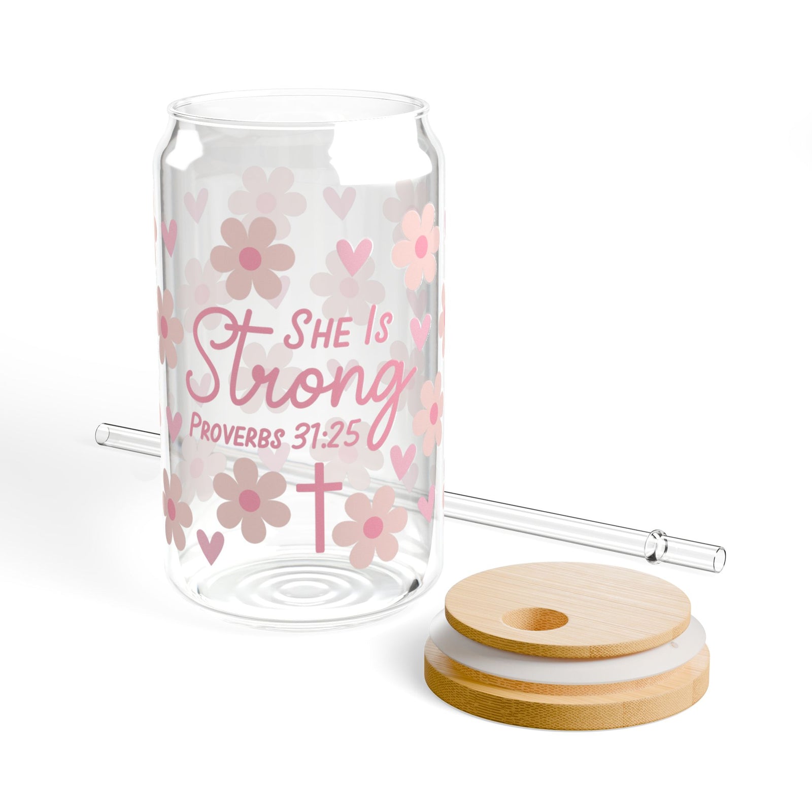 She Is Strong 16 Pink Floral Proverbs 31:25 Christian Tumbler Sipper Glass 16oz — Reusable Drink Jar with Lid & Straw