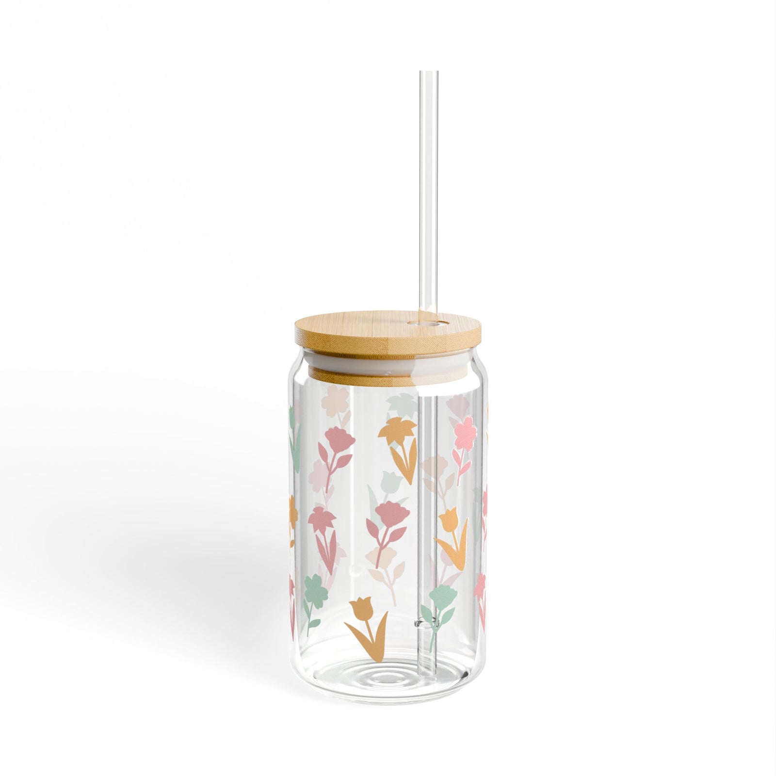 Spring Floral Tumbler Sipper Glass 16oz — Reusable Drink Jar with Lid & Straw
