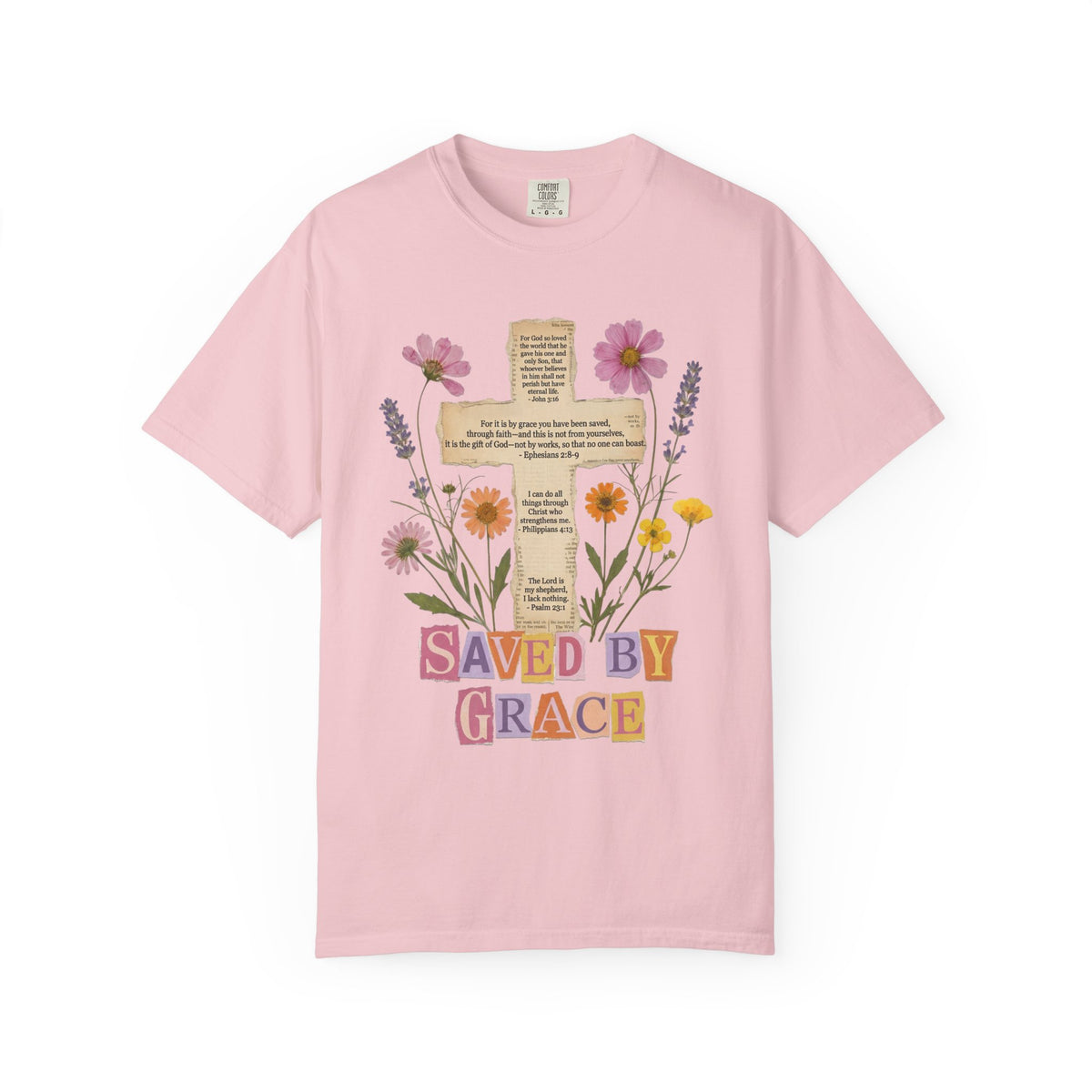 Saved by Grace Floral Cross T-Shirt Christian Faith Inspirational Graphic Tee