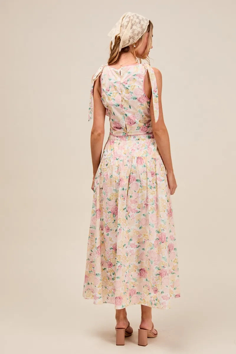 SO ME Floral Printed Woven Shoulder Bow Tie Top and Skirt Set - Sydney So Sweet
