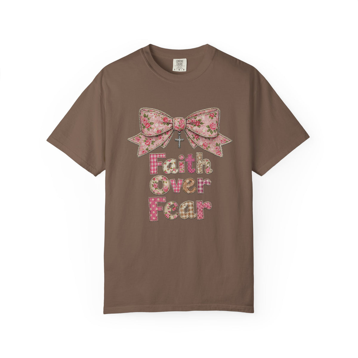 Faith Over Fear T‑Shirt Floral Faux Fabric Patch Bow Christian Tee