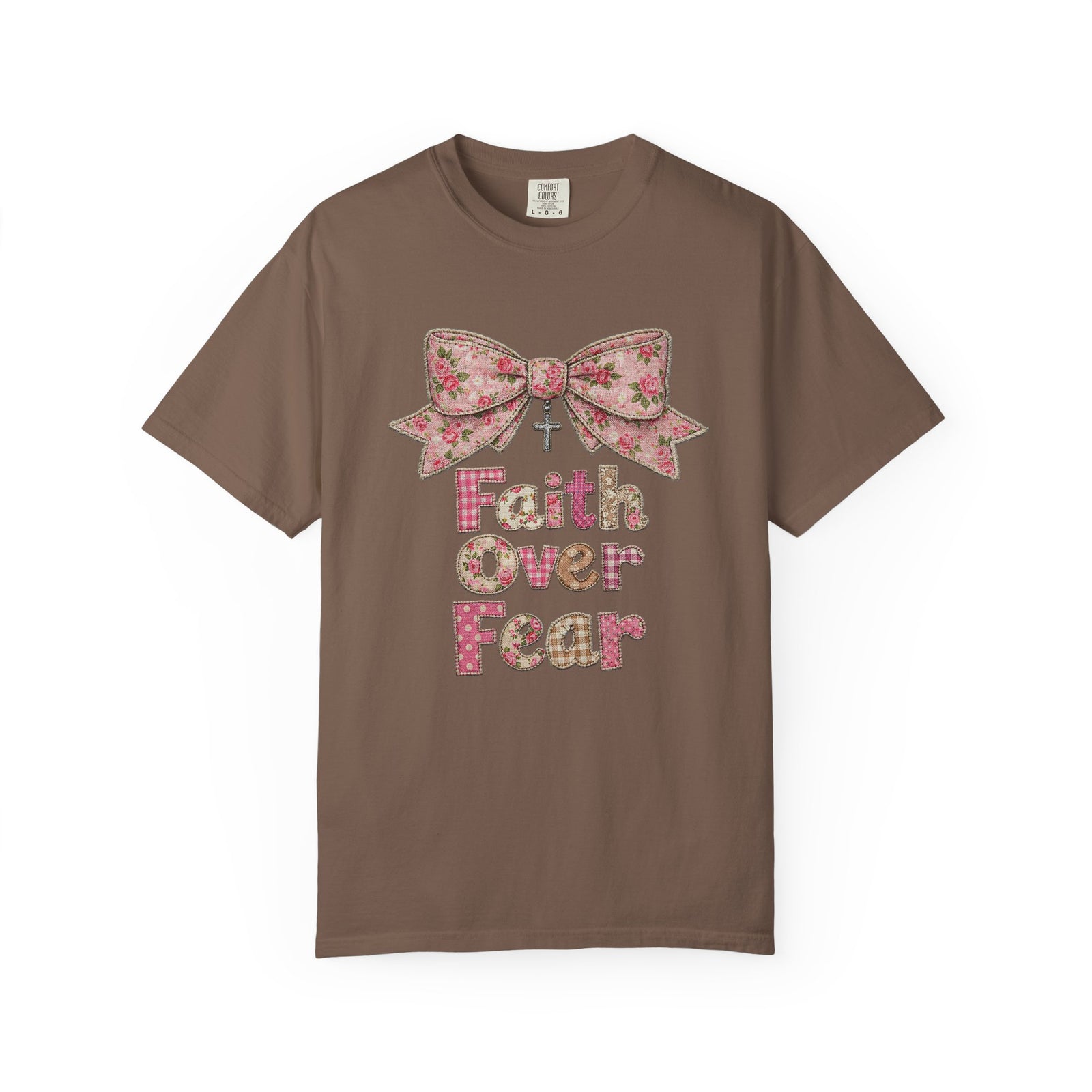 Faith Over Fear T‑Shirt Floral Faux Fabric Patch Bow Christian Tee