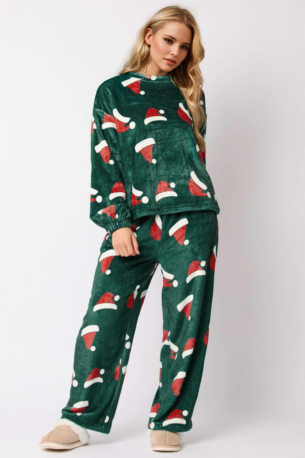 Christmas Hat Pattern Round Neck Long Sleeve Top and Pants Set - Sydney So Sweet