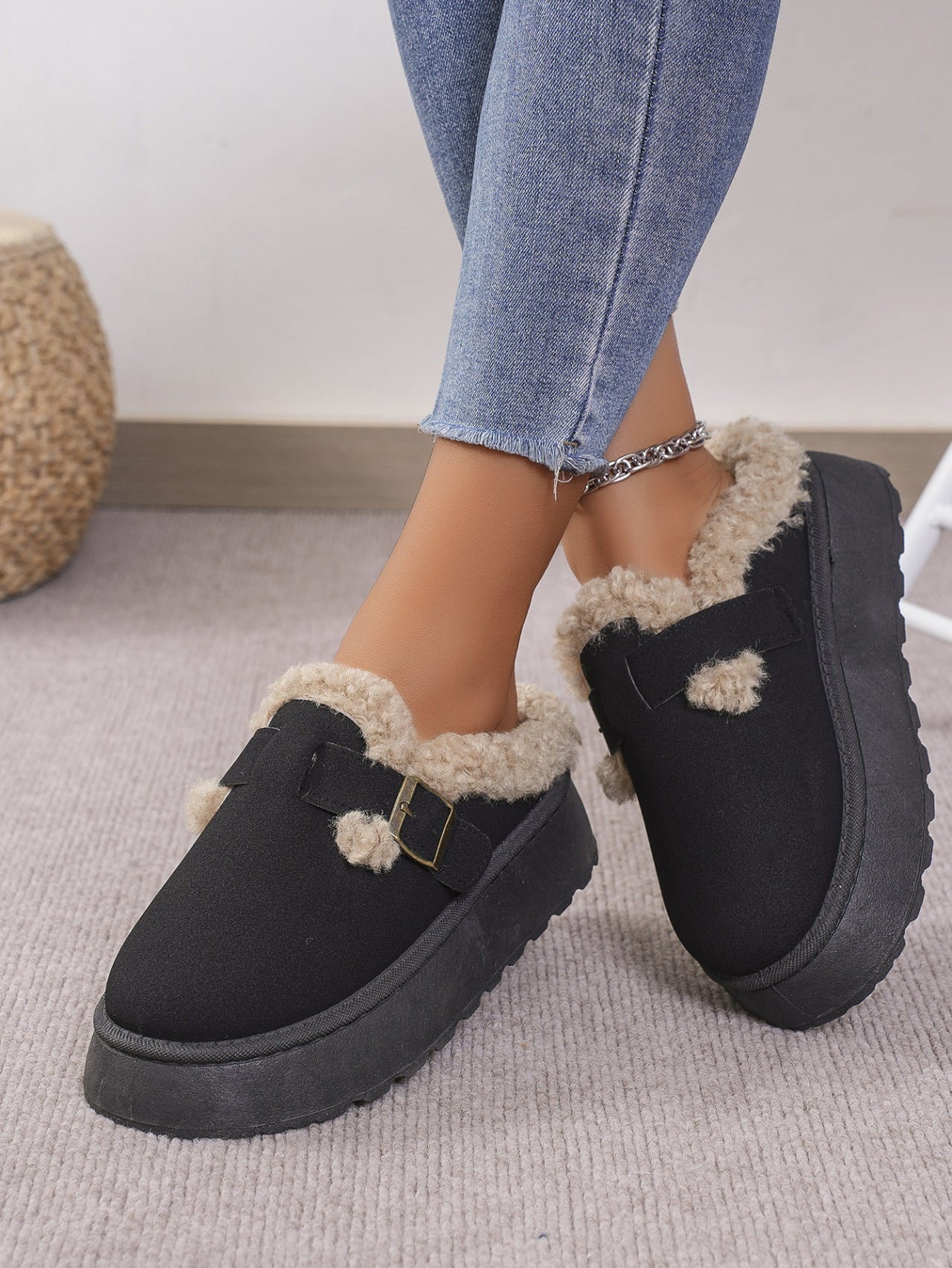 Thermal Fuzzy Buckle Platform Slippers - Sydney So Sweet