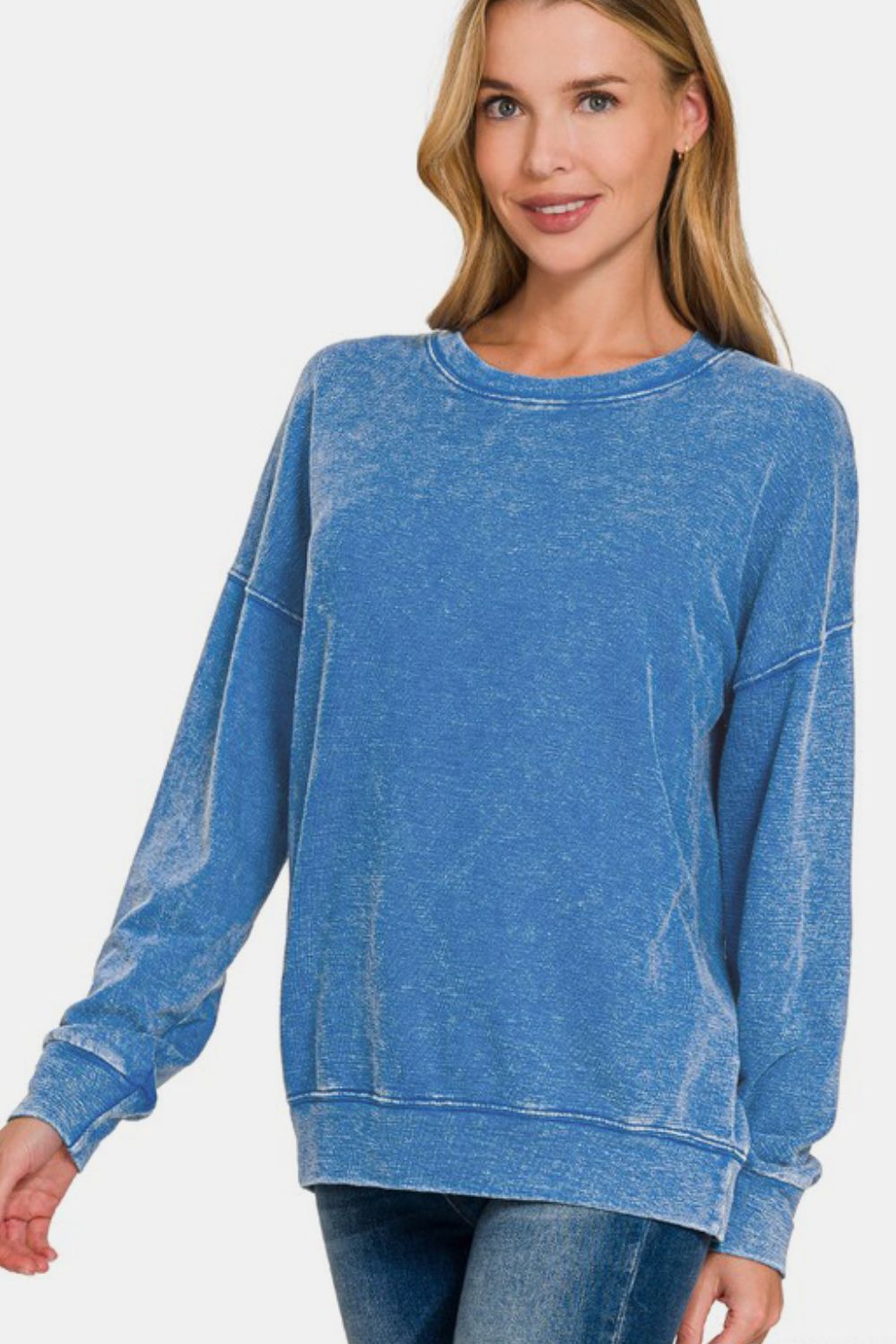 Zenana Washed Round Neck Dropped Shoulder Sweatshirt - Sydney So Sweet