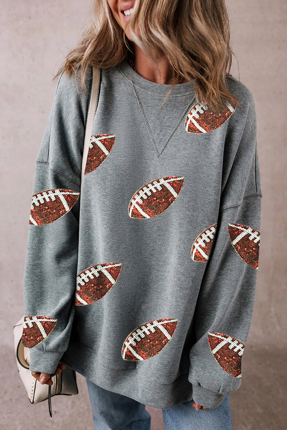 Sequin Football Round Neck Long Sleeve Sweatshirt - Sydney So Sweet