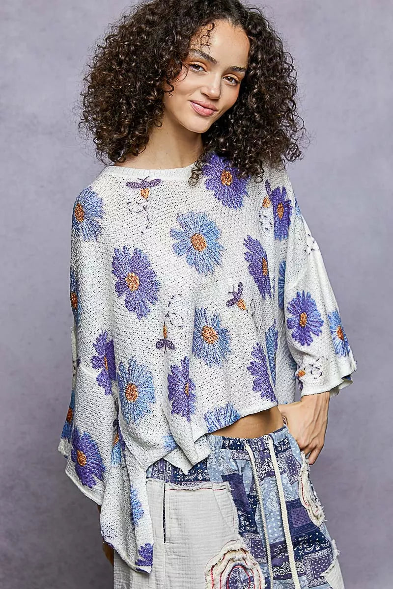 POL Floral Round Neck Rolling Edge Sweater - Sydney So Sweet