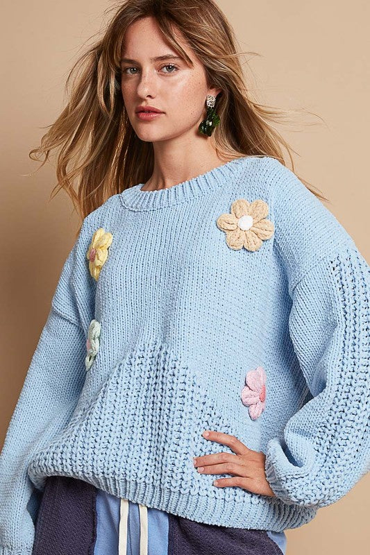 POL Crochet Flower Round Neck Dropped Shoulder Sweater - Sydney So Sweet