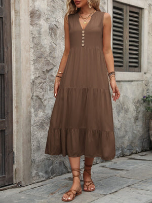 Decorative Button Notched Sleeveless Dress - Sydney So Sweet