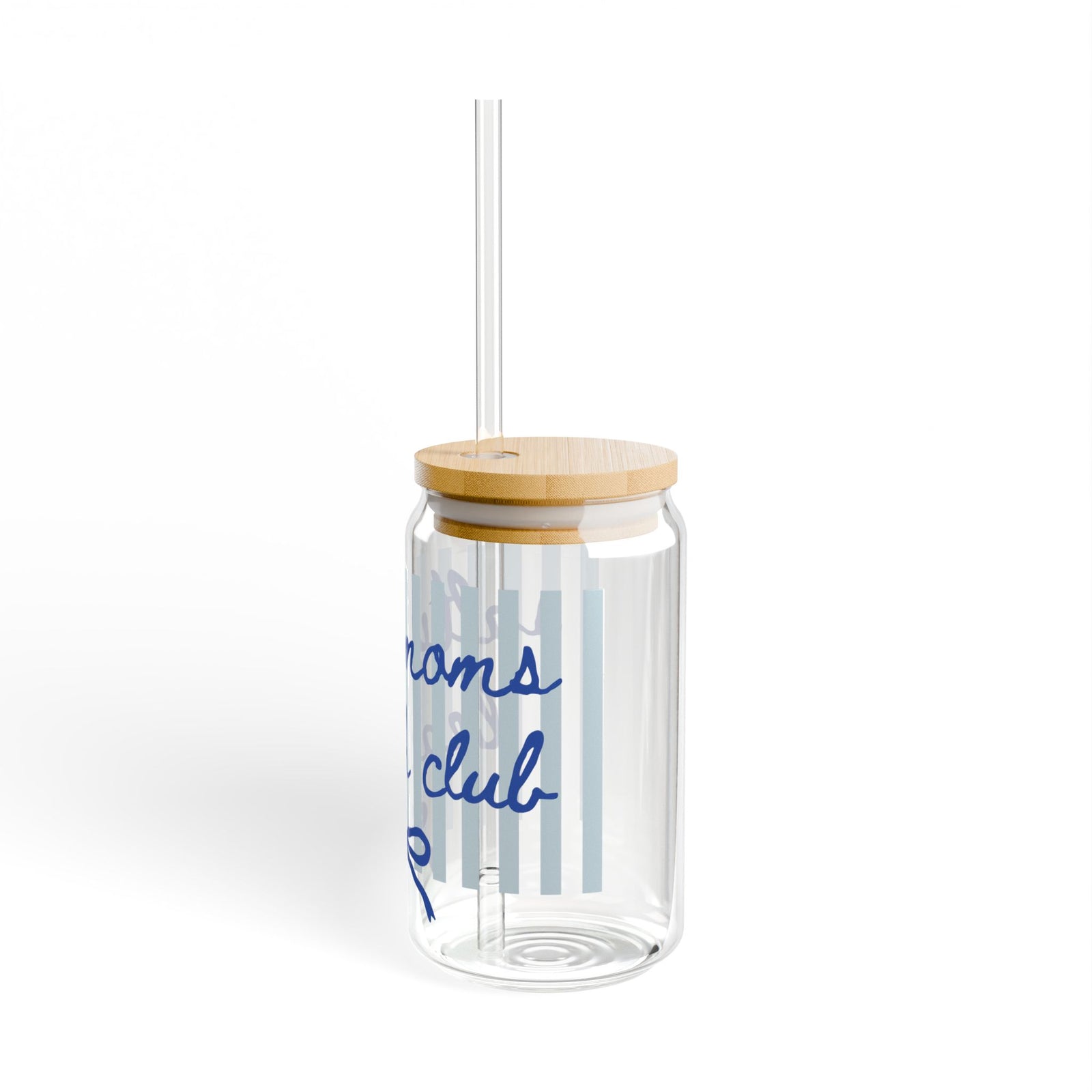 Salty Mama Beach Club Blue Stripe Sipper Glass 16oz Reusable Drink Jar with Lid & Straw