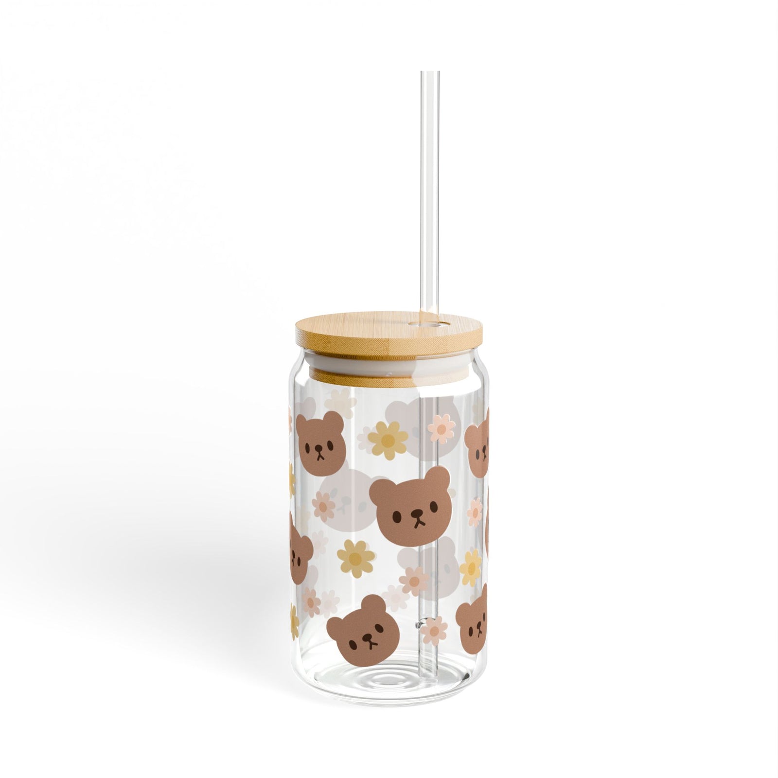 Teddy Bear Daisy Tumbler Sipper Glass 16oz — Reusable Drink Jar with Lid & Straw - Sydney So Sweet