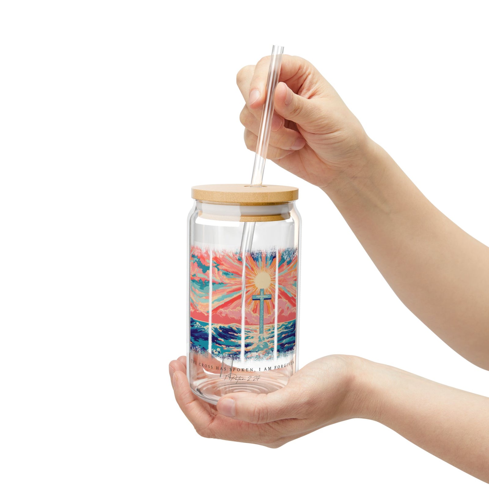 The Cross Has Spoken I am Forgiven Christian Sipper Glass 16oz Reusable Drink Jar with Lid & Straw