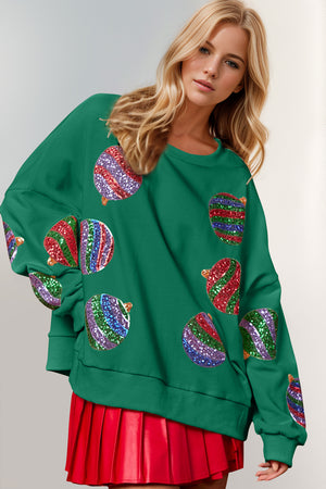 Christmas Element Sequin Round Neck Long Sleeve Sweatshirt - Sydney So Sweet